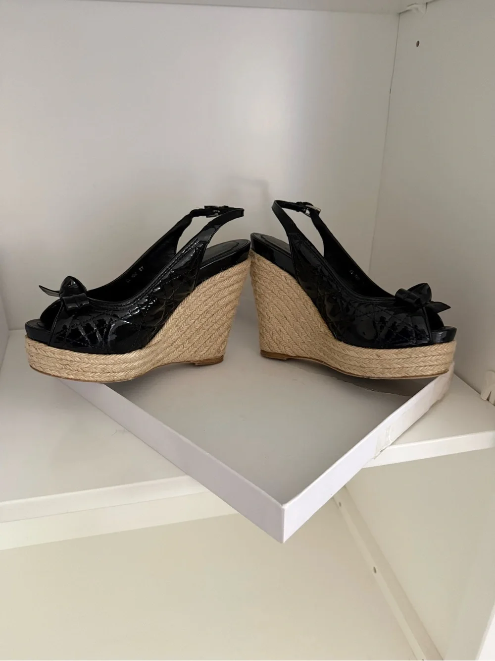 Dior Black Patent Espadrille Wedge Slingback Sandals Size 37